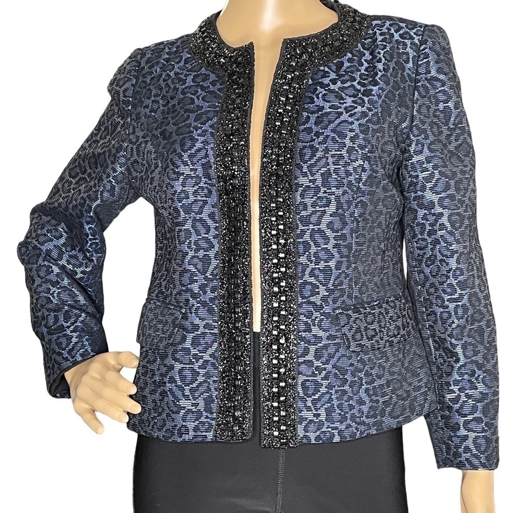 Chico’s blue animal print open jacket, size 0